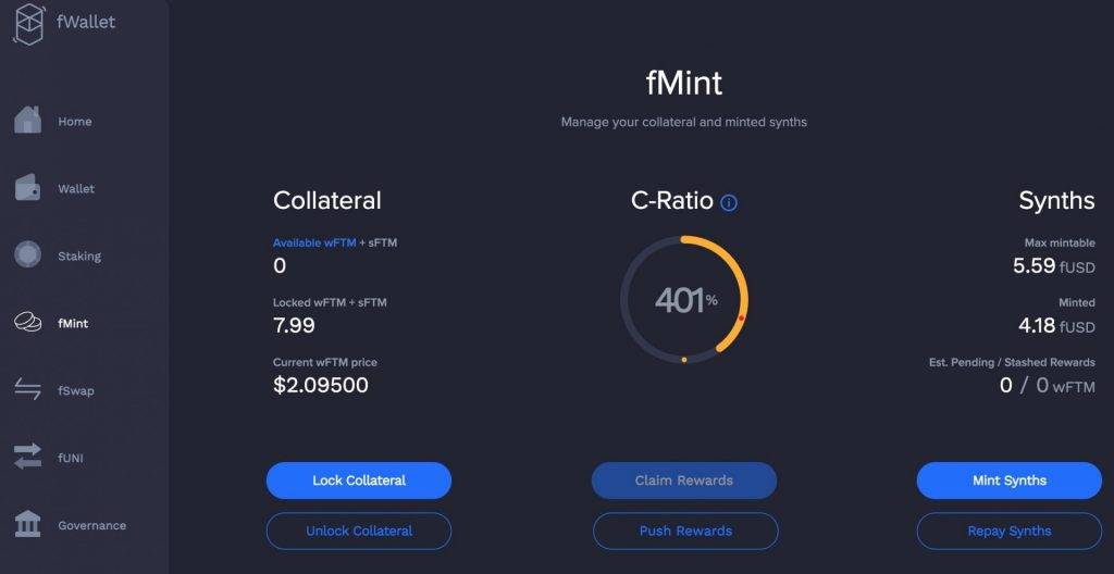 Screenshot of the Fantom wallet interface showing how to mint fUSD with FTM