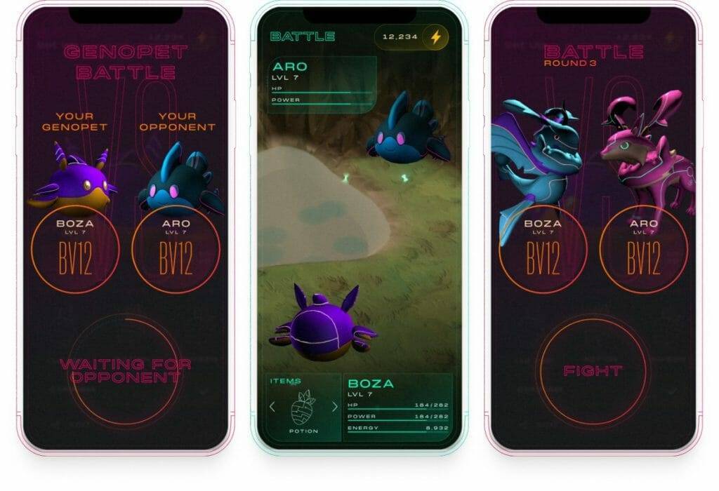 Screenshots of Genopets battling