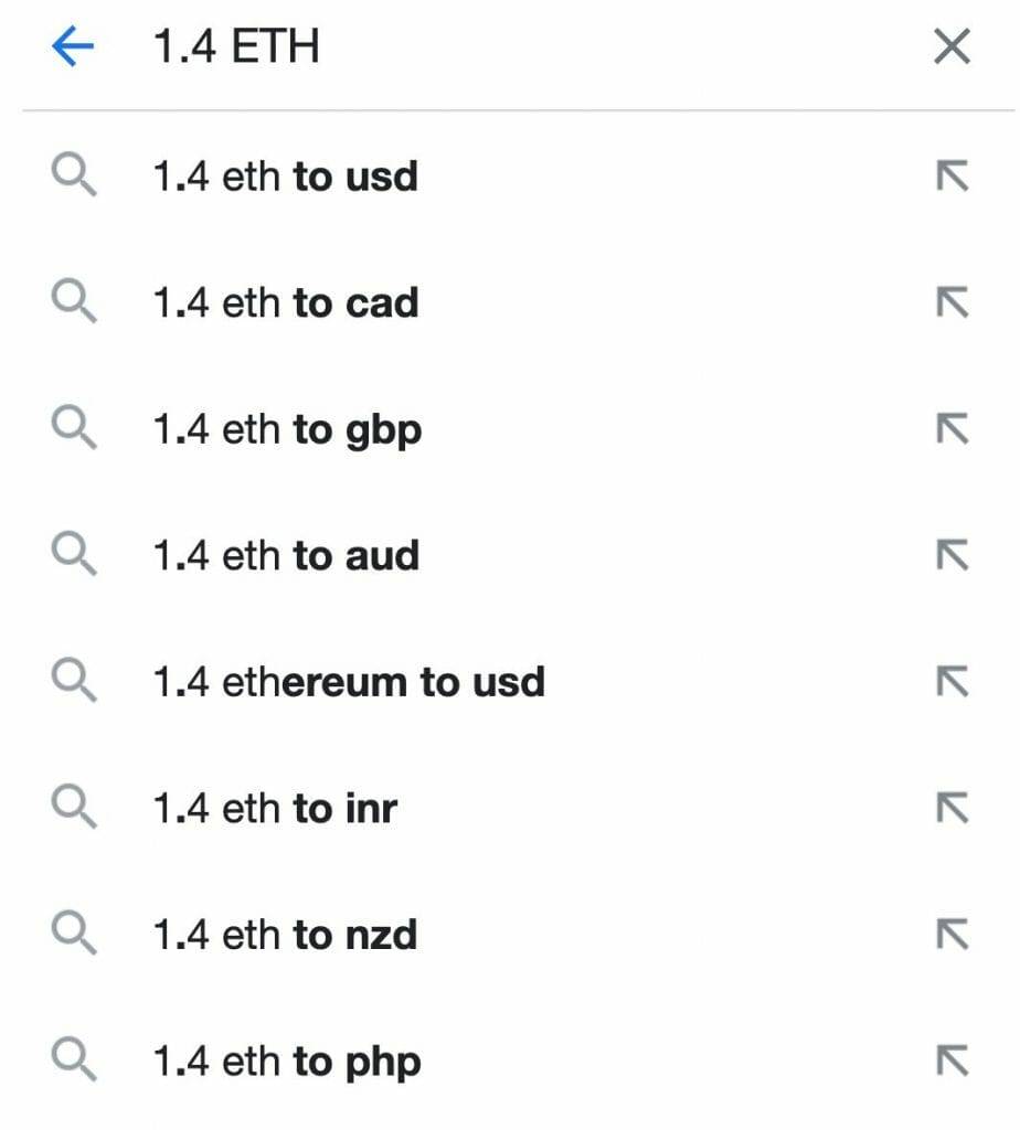 screenshot of searches for ETH conversion on Google