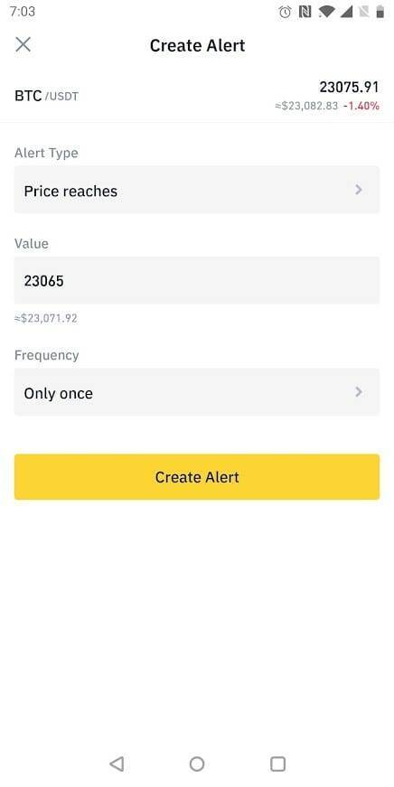 Binance alert parameters