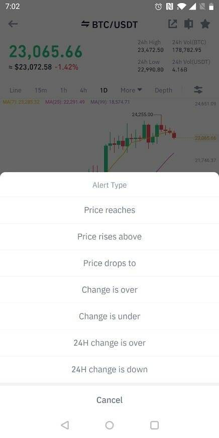 Binance price alerts section