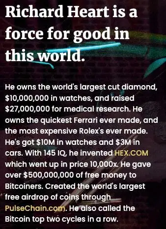 Richard Heart shows off his wealth on his home page.