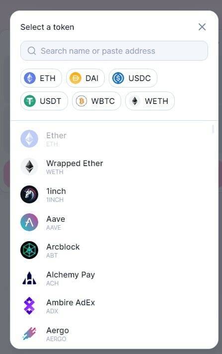 uniswap token selection