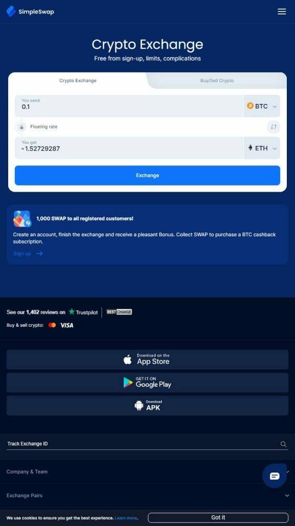 SimpleSwap homepage