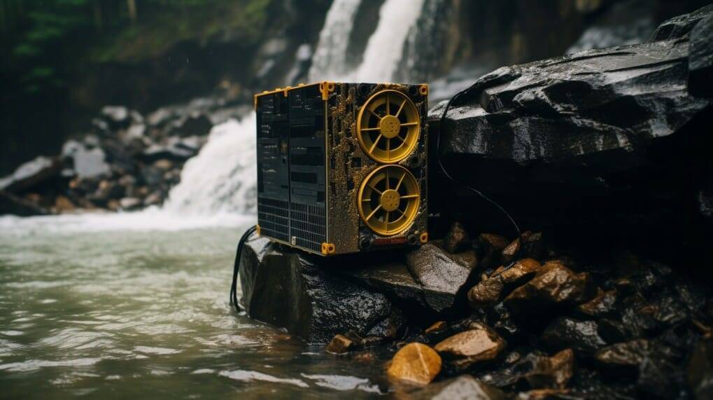 bitcoin mining container next to waterfall