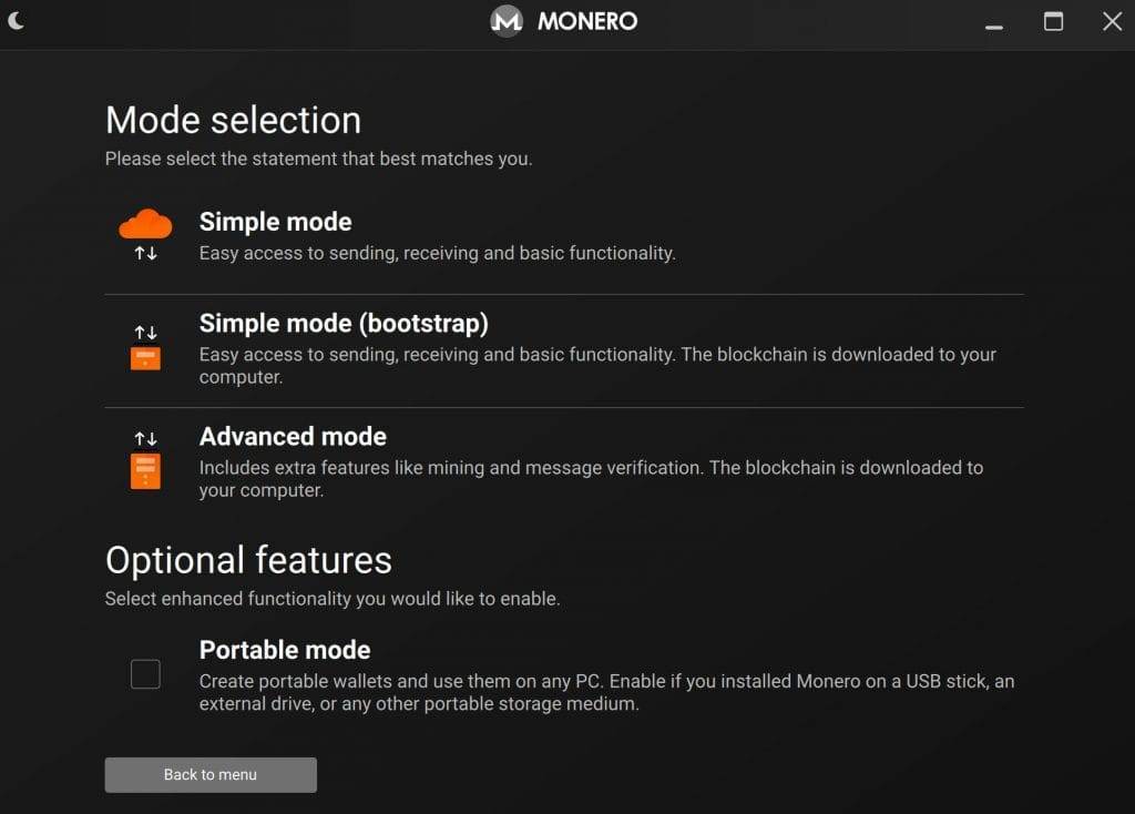 GUI wallet set up mode