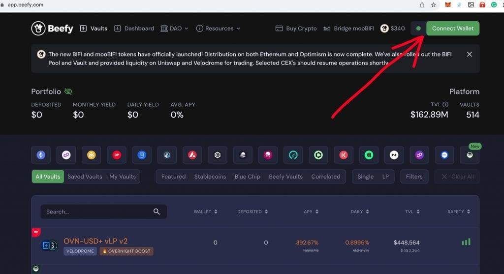 beefy finance wallet connection