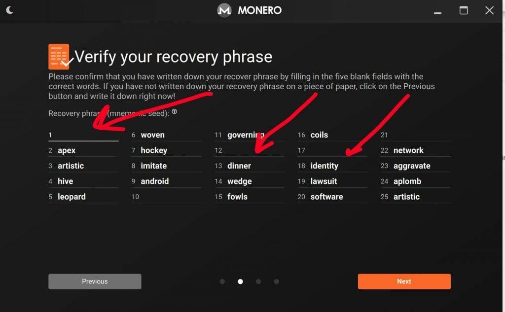 verify phrase Monero GUI