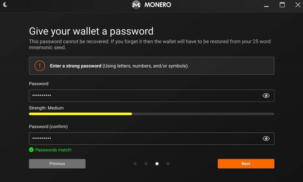 set up password Monero GUI