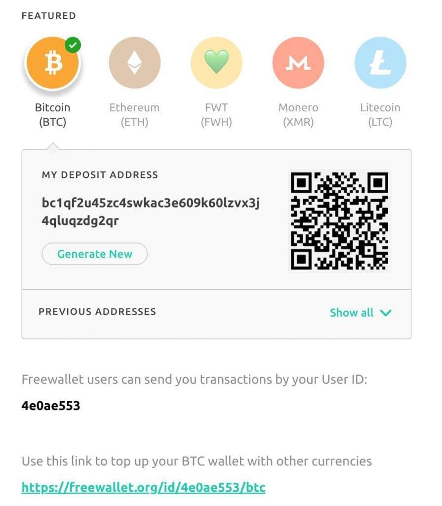 deposit crypto Freewallet