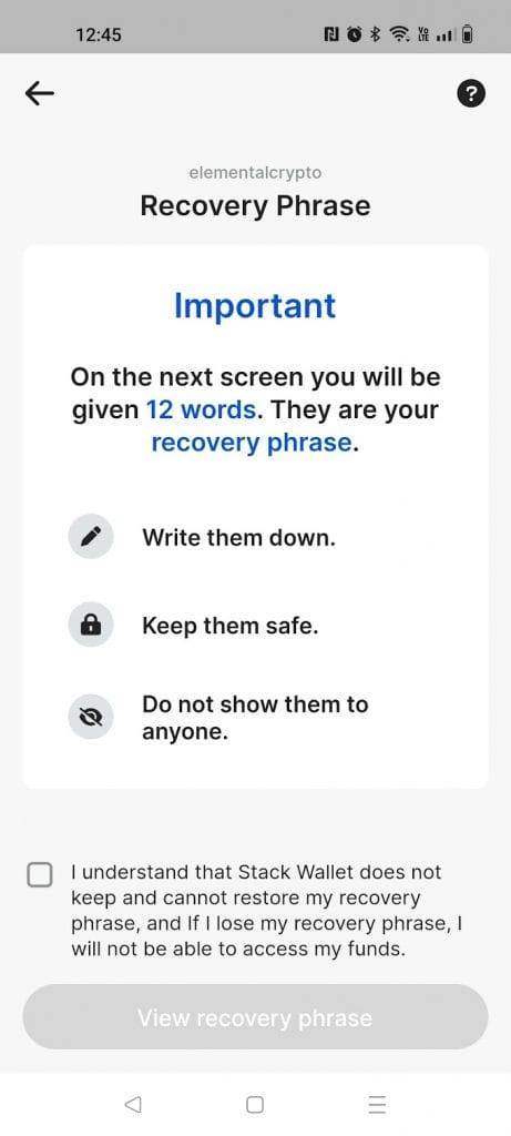 recovery phrase warnings stack wallet