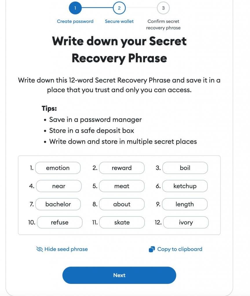 write down secret recovery phrase