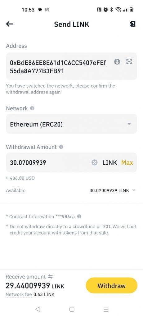 Binance LINK withdrawal