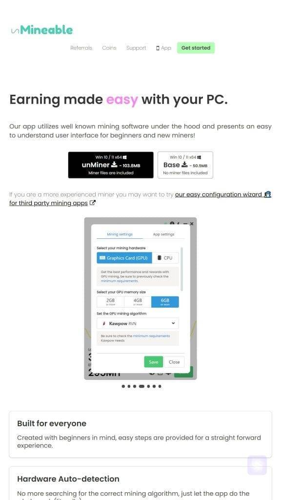 The Unmineable Miner downloads page