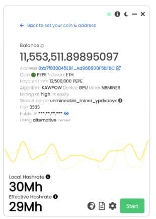 start mining button