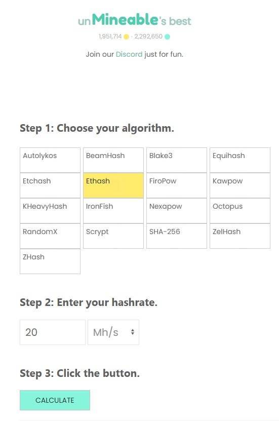 The Unmineable profitability calculator