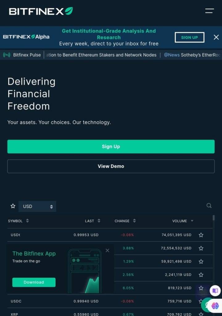 Bitfinex landing page