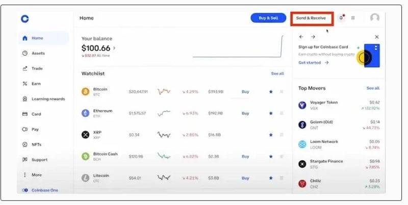 Coinbase 'Send & Receive' button