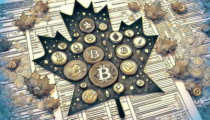 Illustration of tax forms with cryptocurrency icons