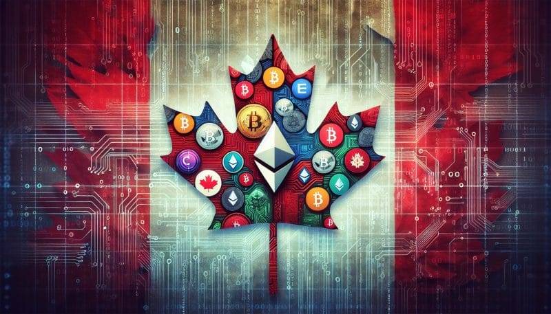 Illustration of Canadian flag with cryptocurrency symbols