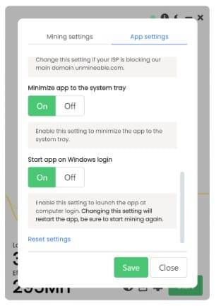 Unmineable app's behavior setup